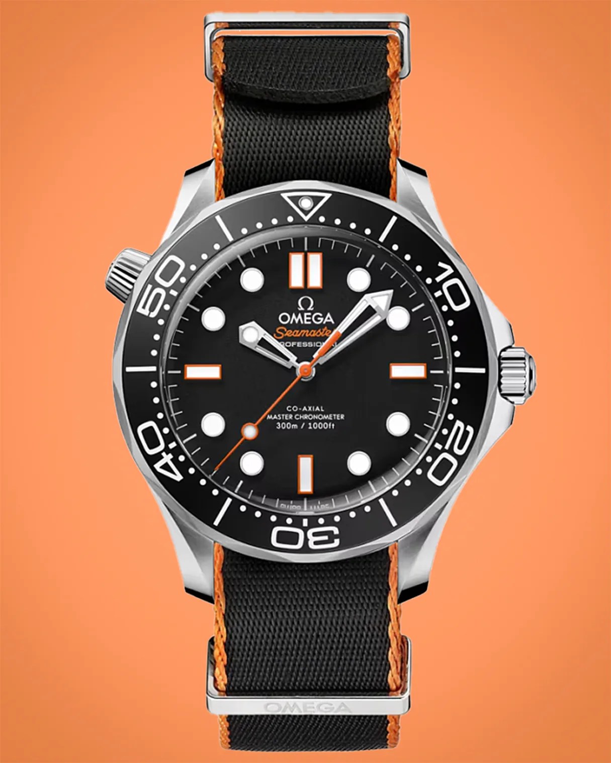 an Omega dive watch with a black NATO strap