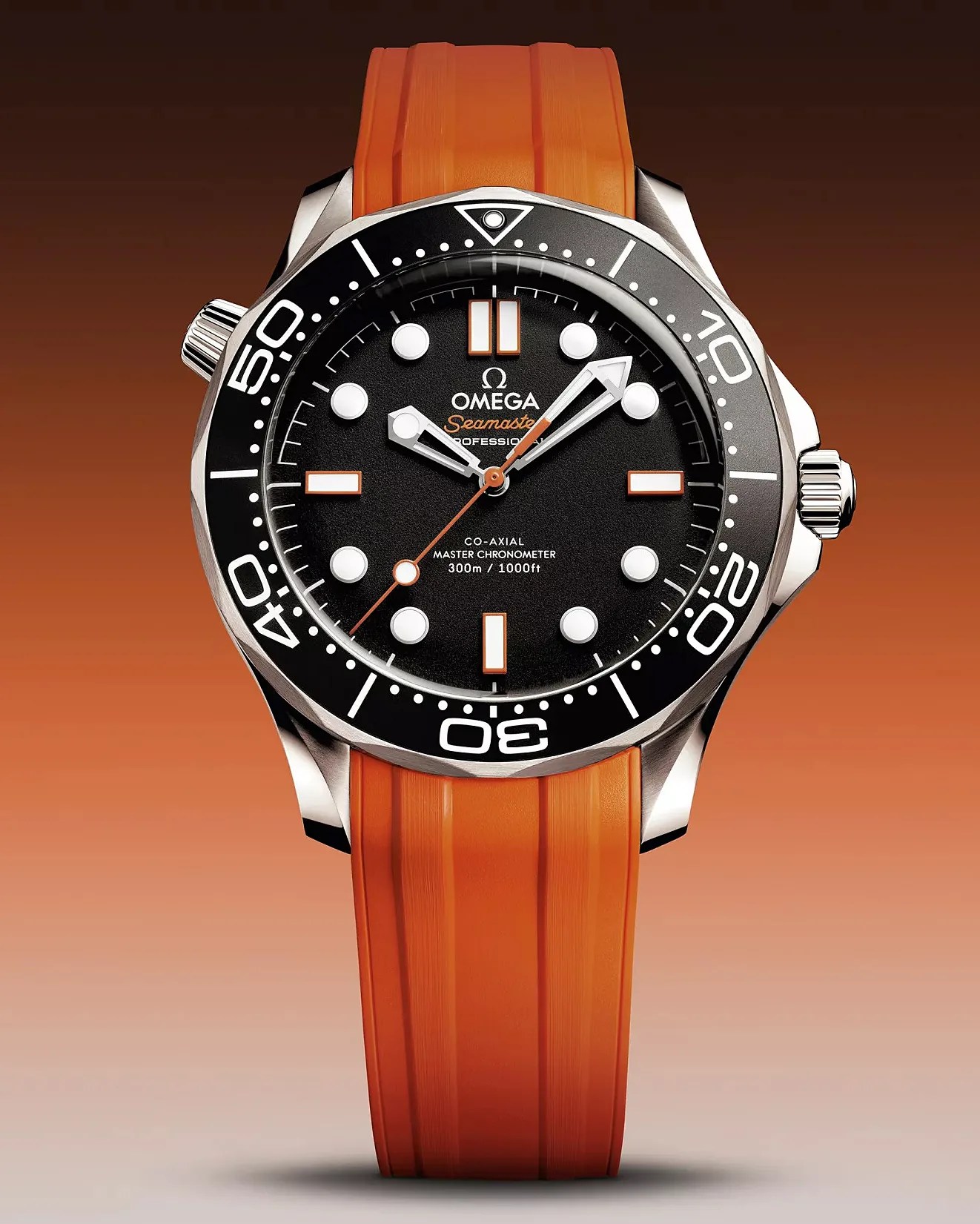 an Omega dive watch with an orange strap