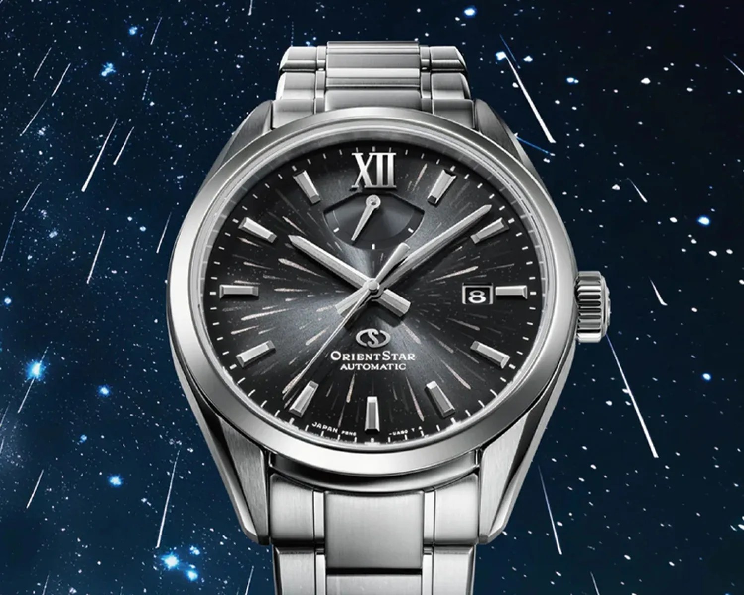 an orient star watch with a meteor shower in the background