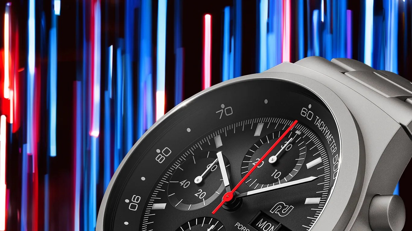 a closeup of a porsche design chronograph watch