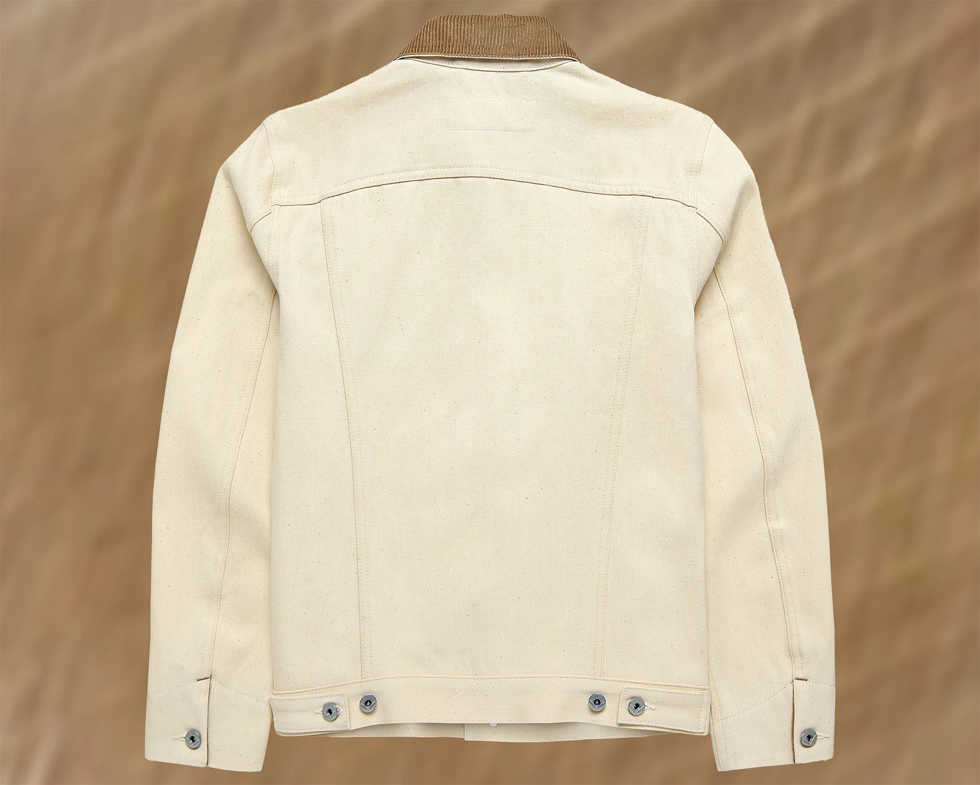 the back of an RGT cord collar supply jacket in Japanese ecru denim