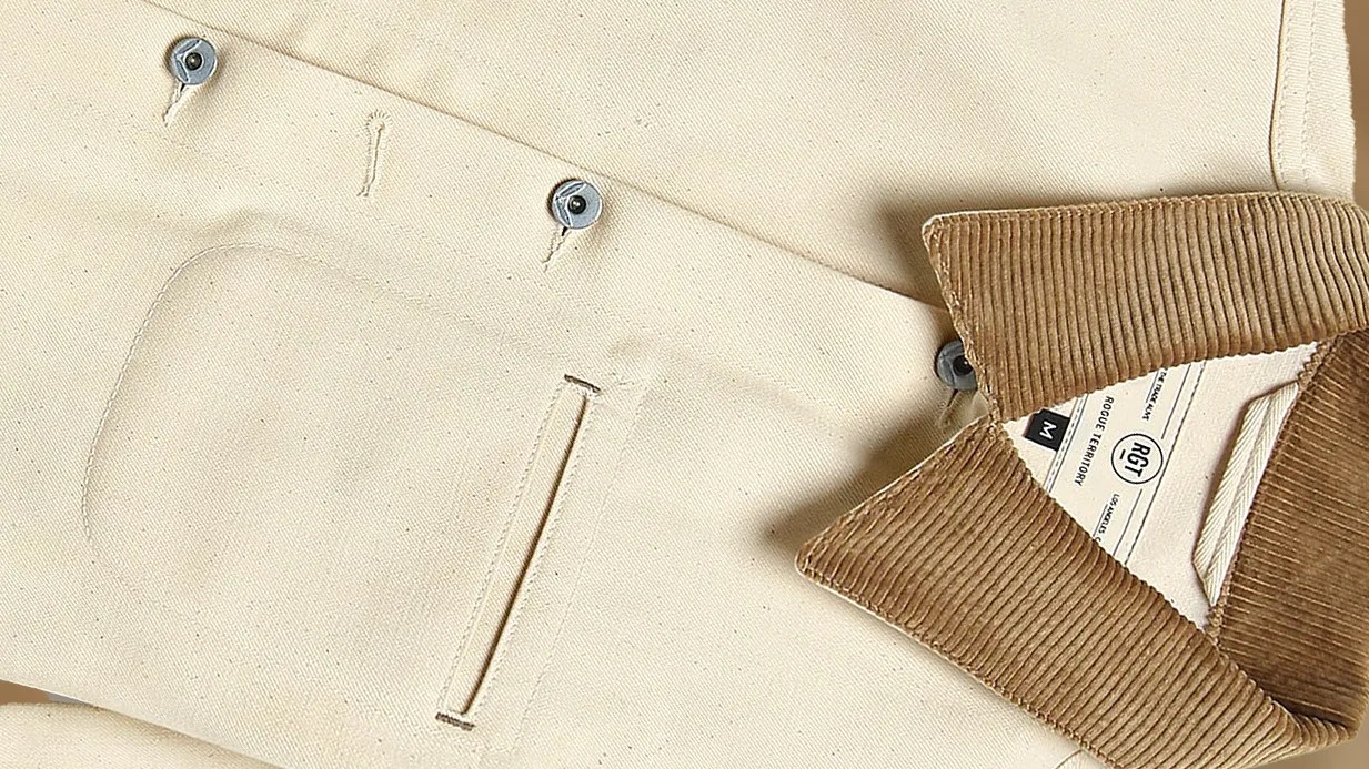 an ecru white denim RGT cord collar supply jacket