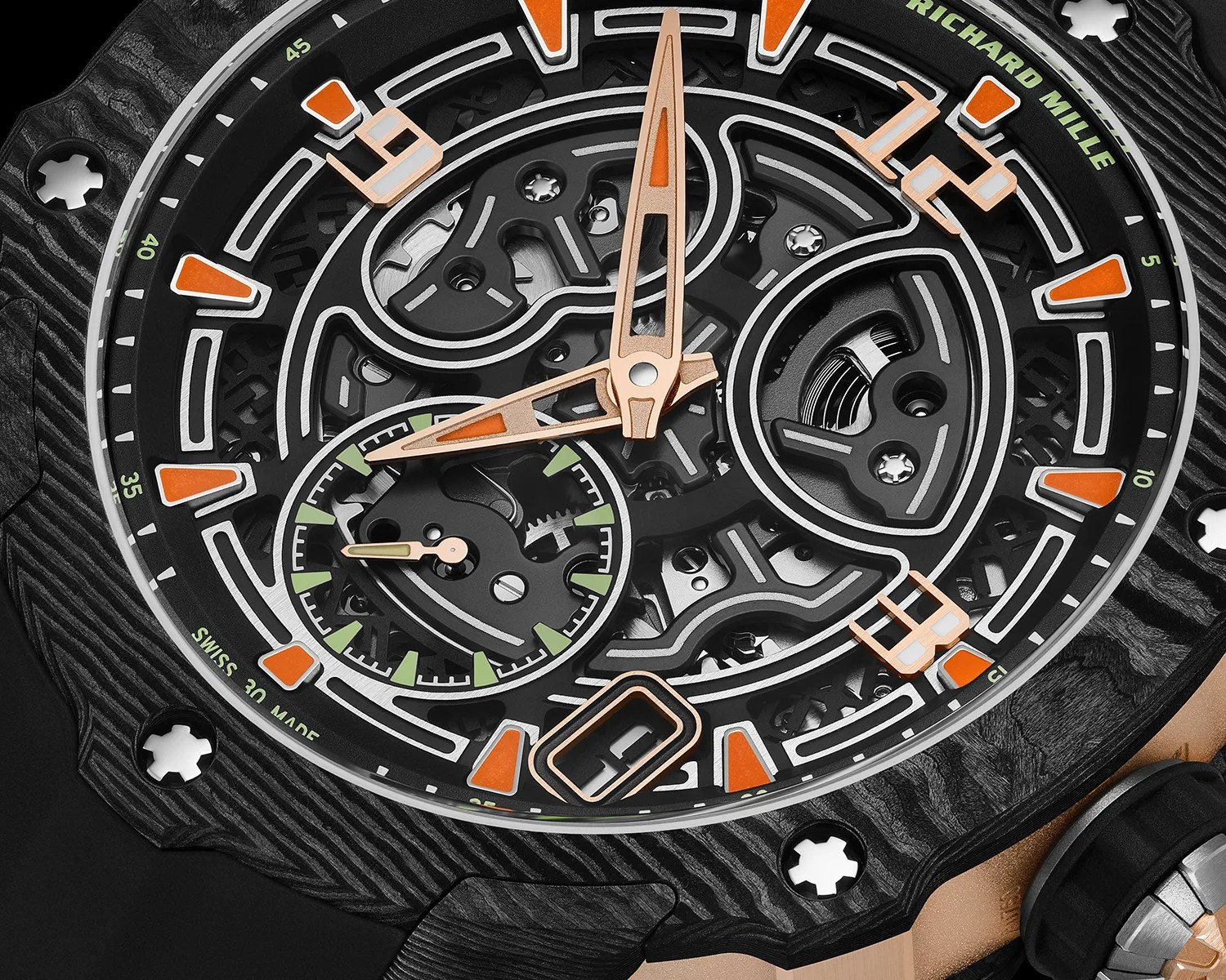 a closeup of a Richard Mille watch dial