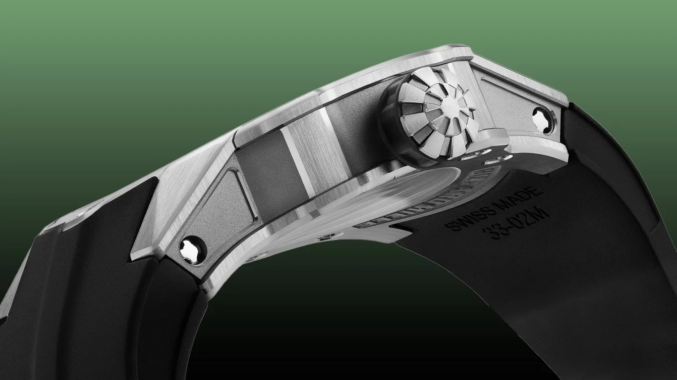 a closeup of the crown and lugs on a richard mille watch