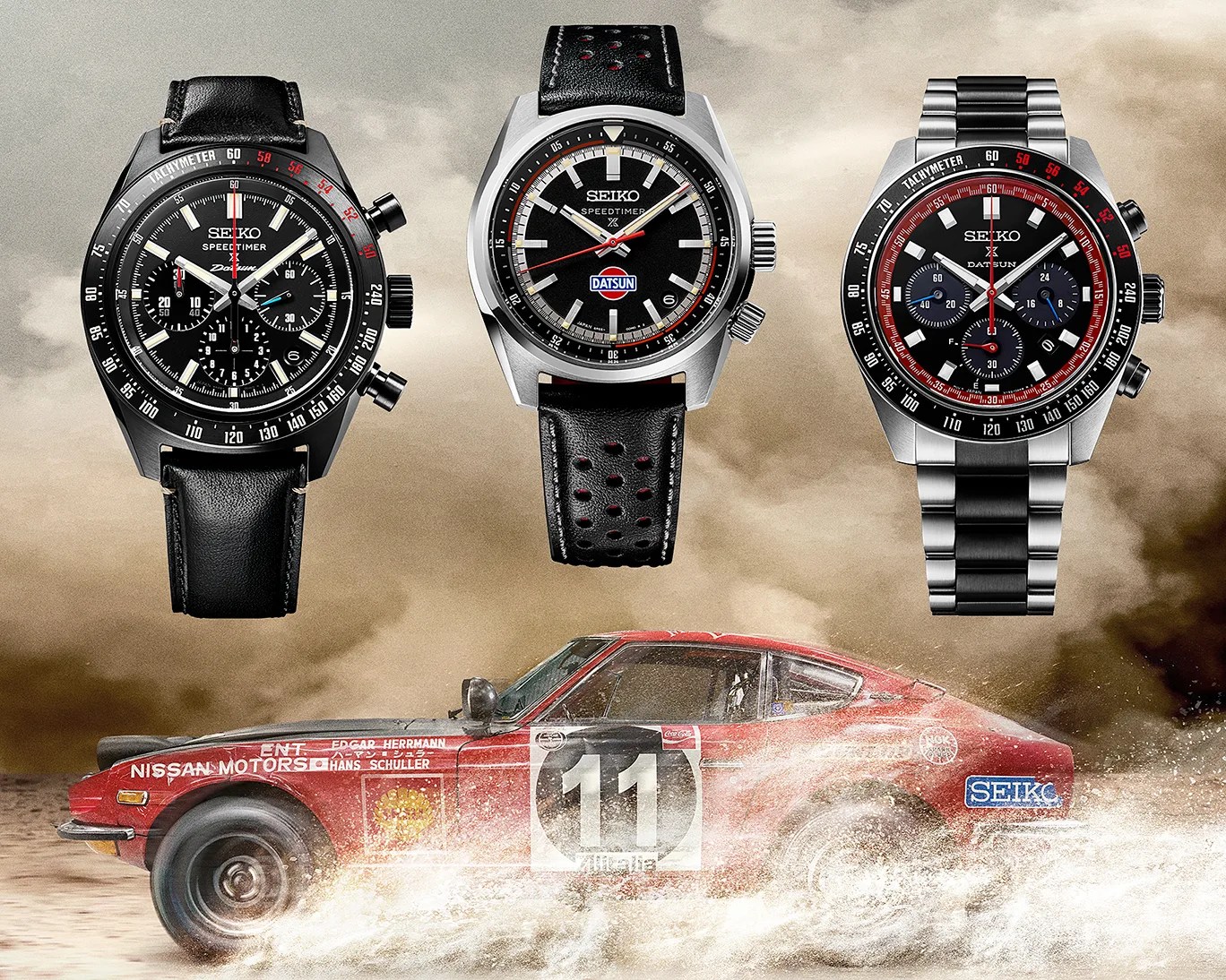 three seiko watches floating over a race car