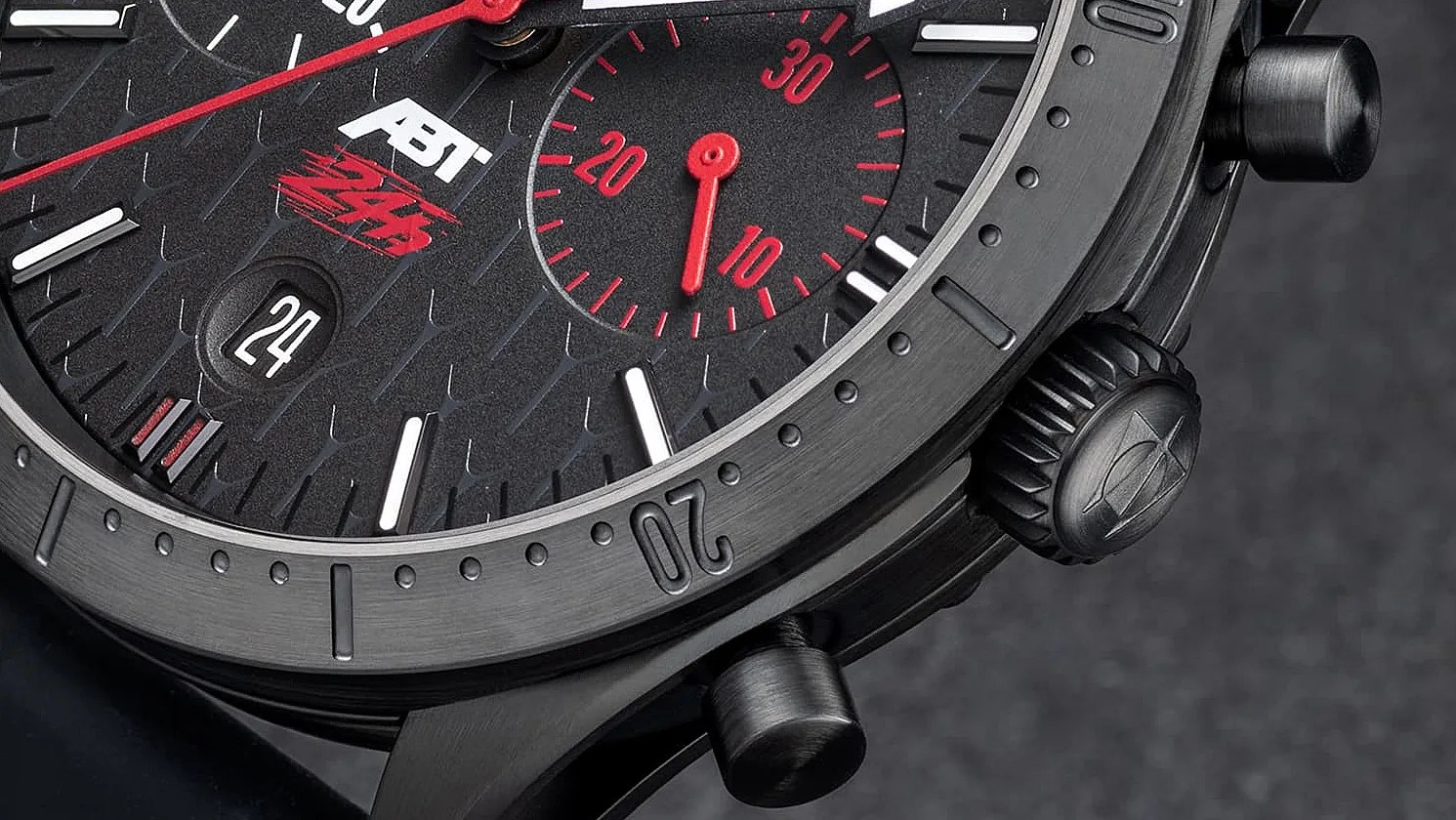 the dial of a black Stowa watch