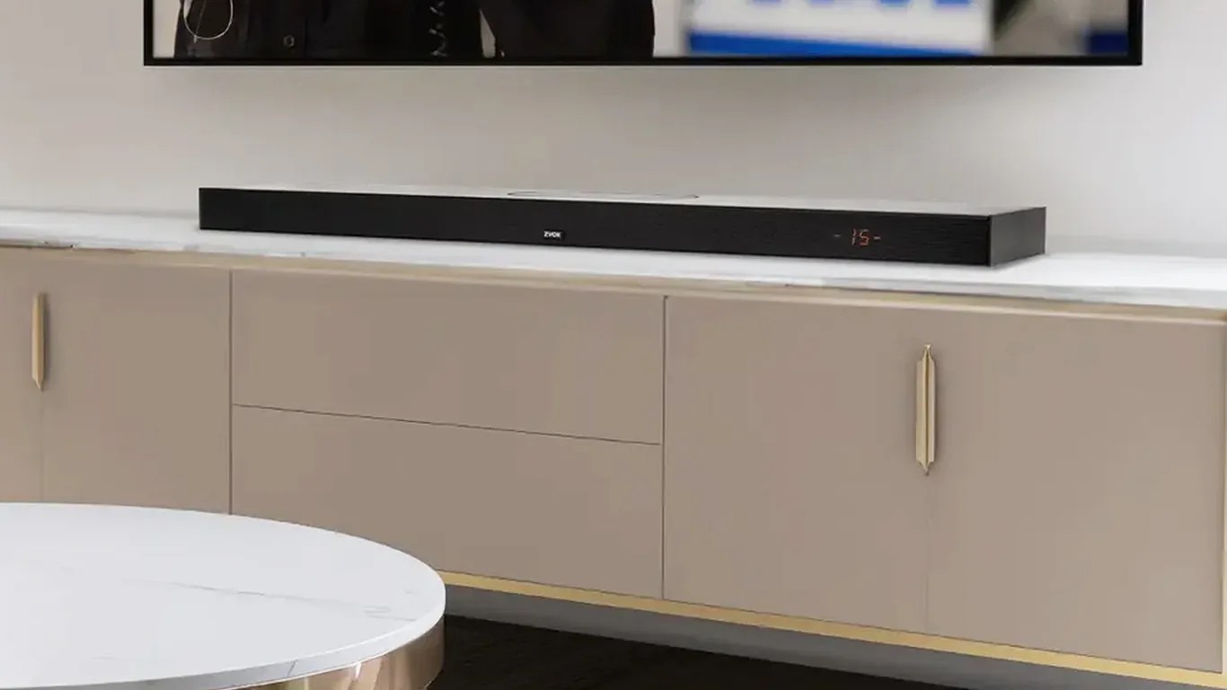 a zvox soundbar on a tv stand