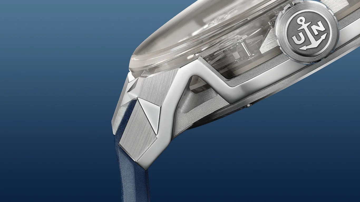 a closeup of the case side of a ulysse nardin watch