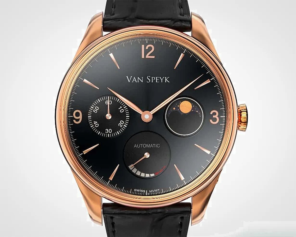 a rose gold Van Speyk dress watch
