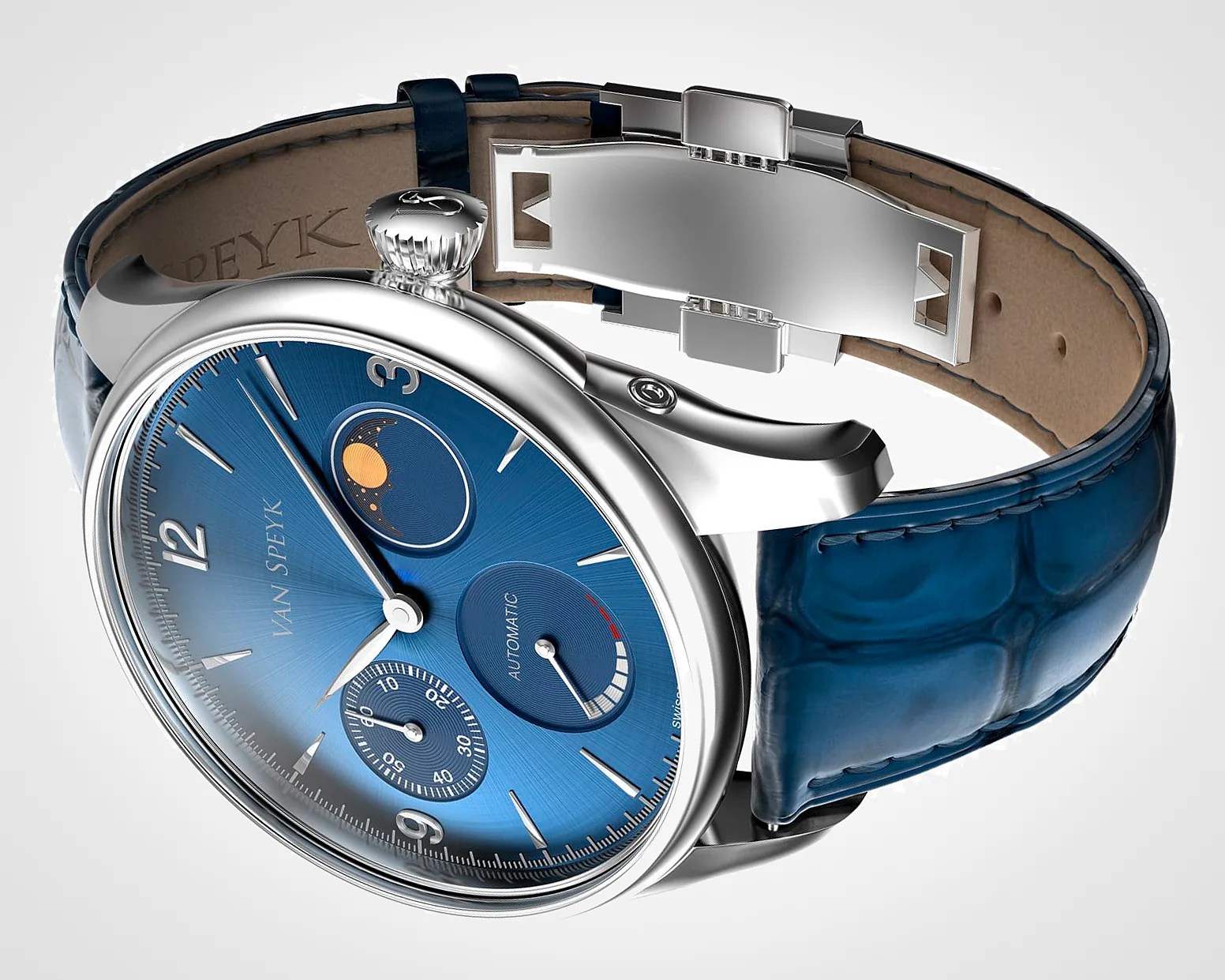 a blue Van Speyk watch with a moon phase
