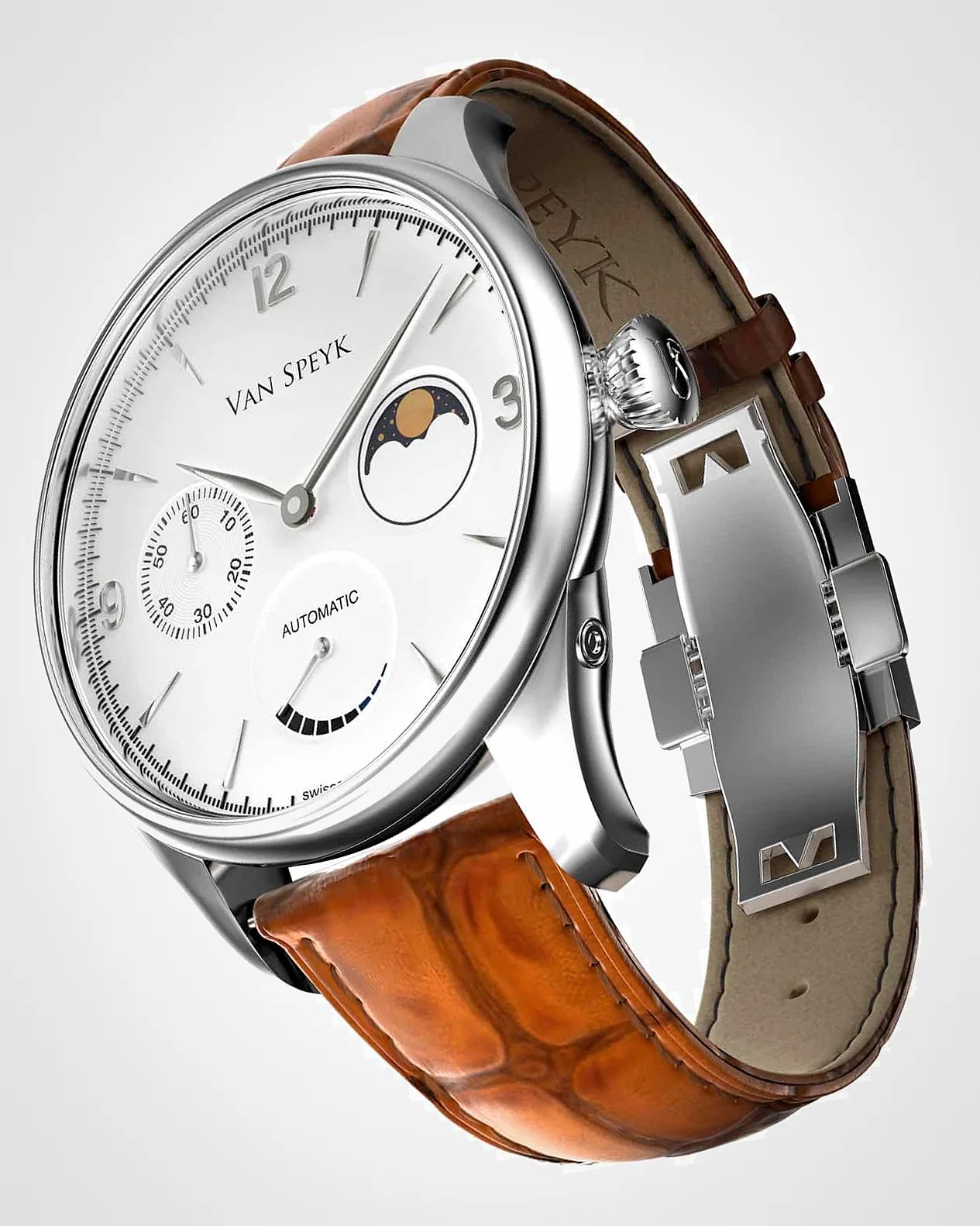 a white Van Speyk dress watch with a moon phase