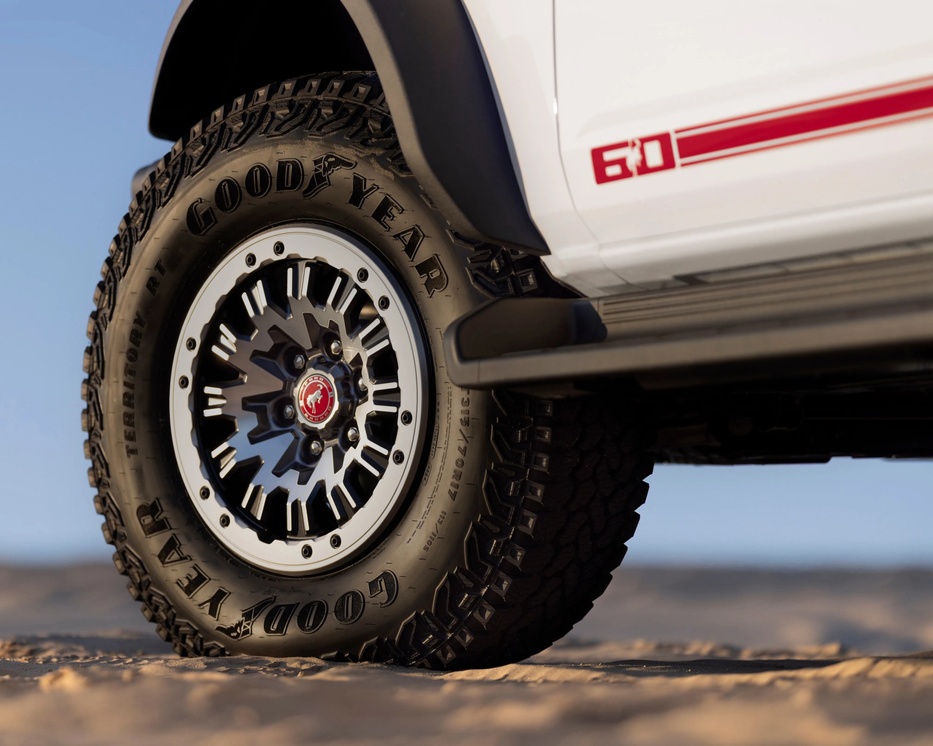 a close-up photo of a white Ford Bronco suv wheel