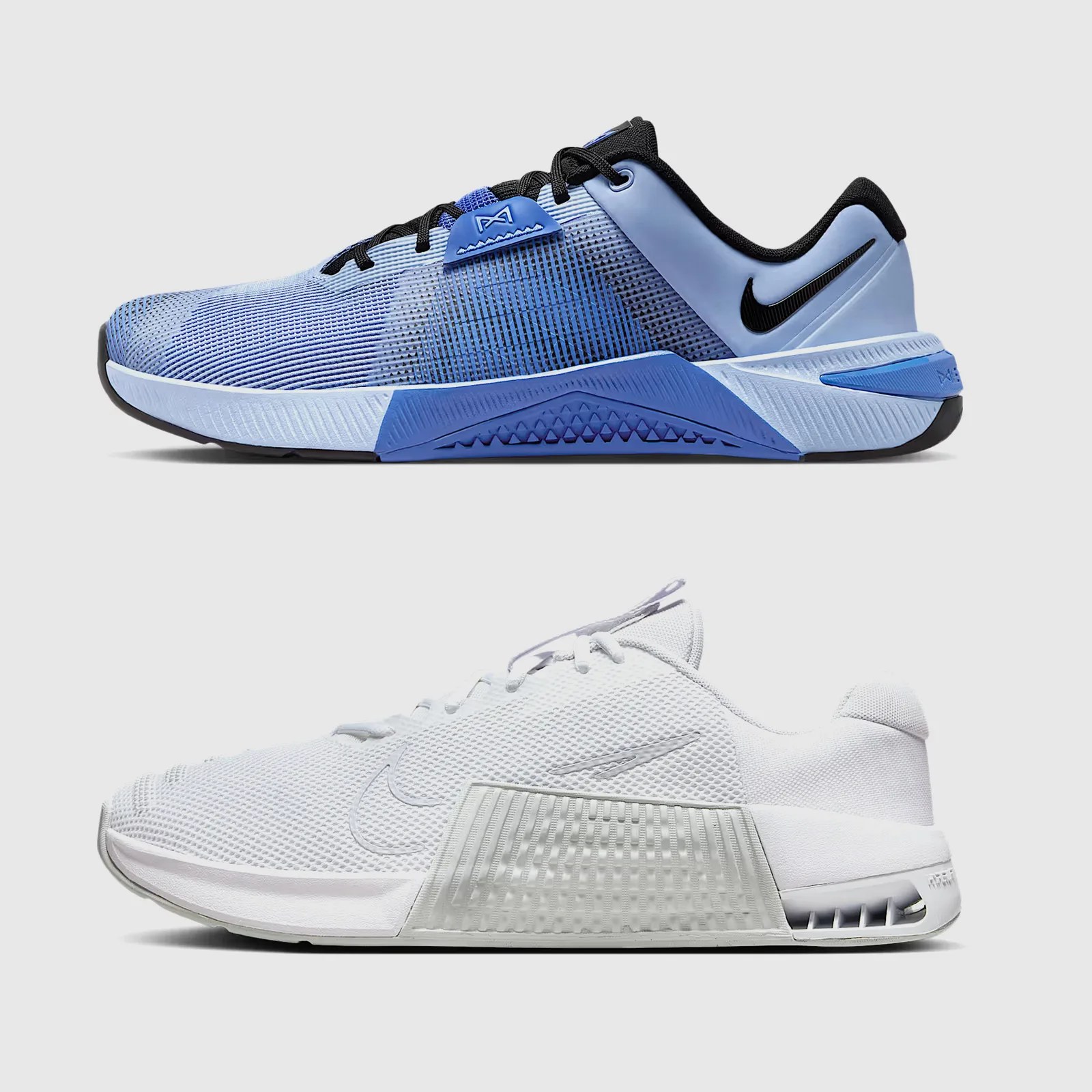A Nike Metcon 10 is stacked on top of a Nike Metcon 9, shown in profile, to compare the differences in design.