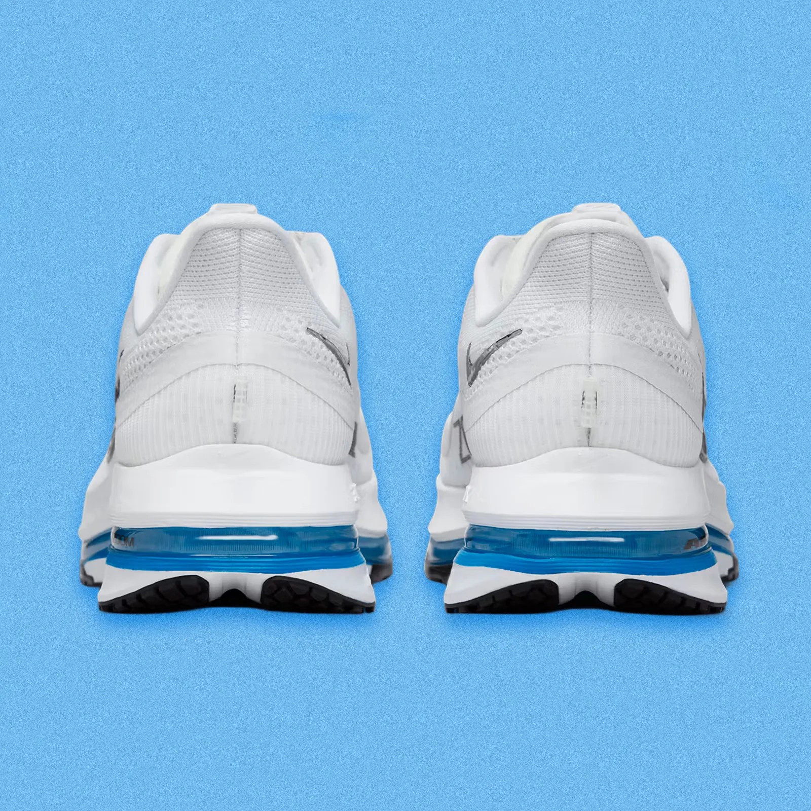 A pair of Nike Pegasus Premium in white and photo blue is shown head-on from the heels