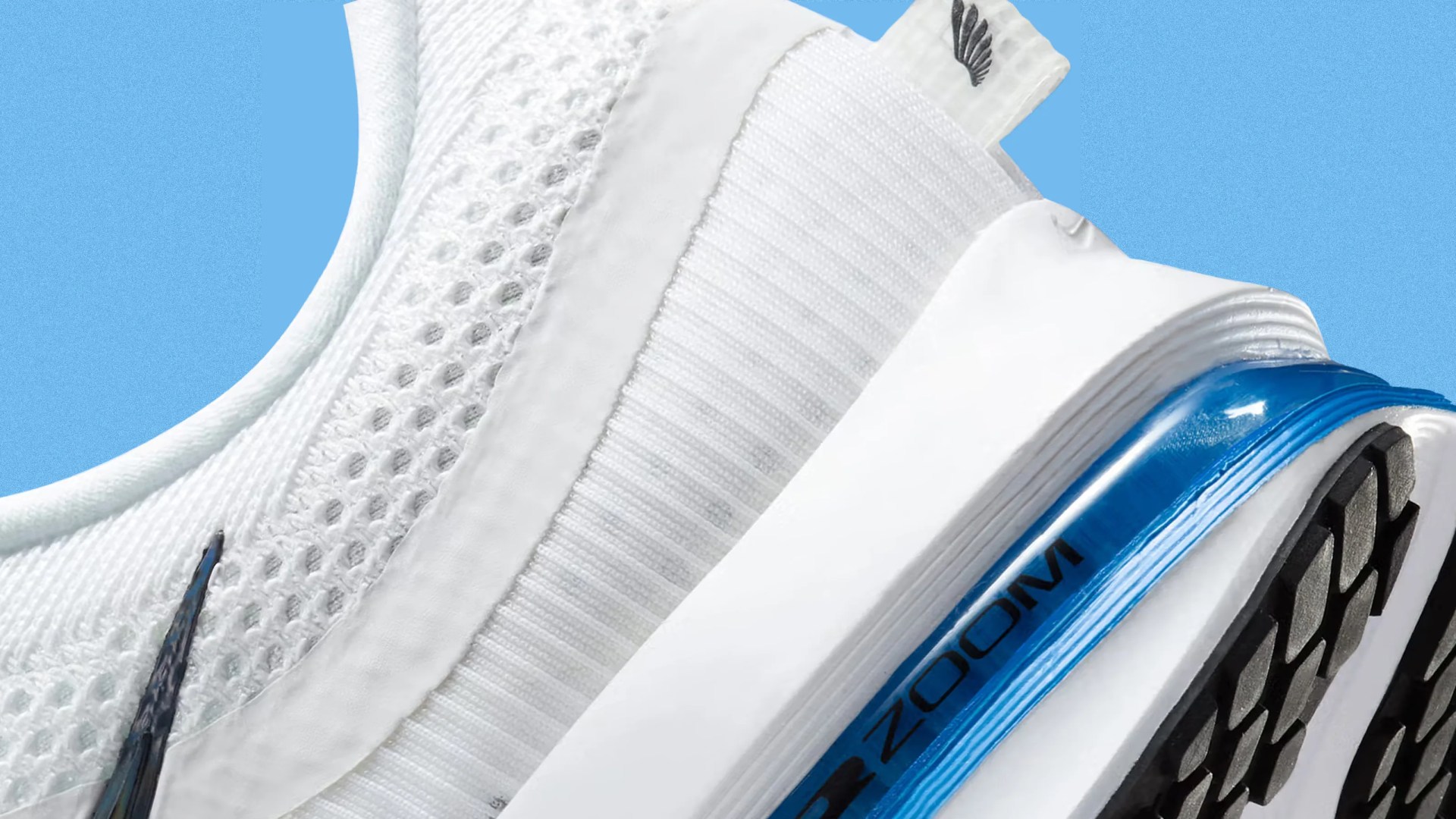 A close-up of the heel of the Nike Pegasus Premium in Photo Blue against a baby blue background