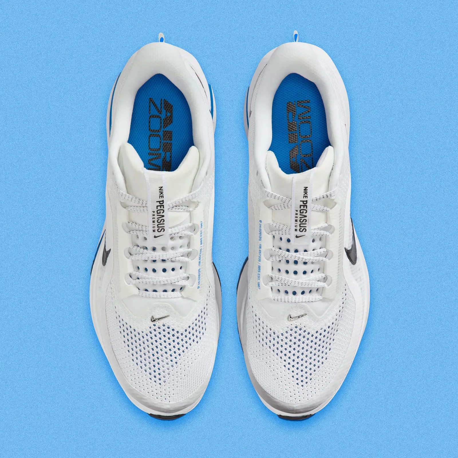 A top down view of the Nike Pegasus Premium in white and photo blue
