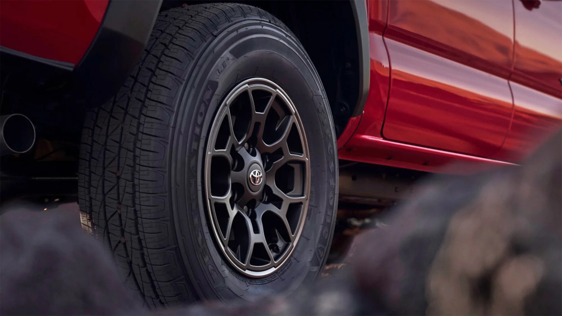 a close-up photo of a toyota truck wheel