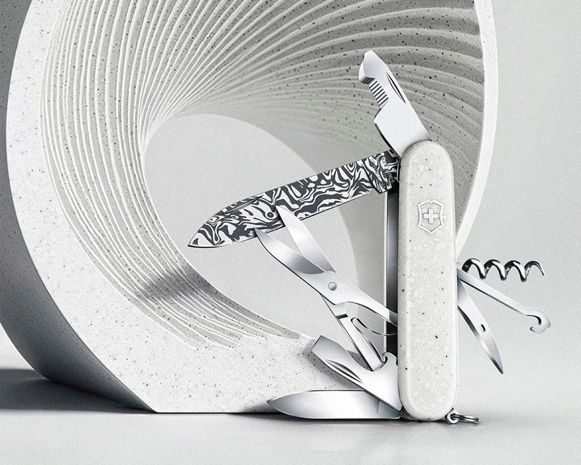 Victorinox Special Companion Damast Limited Edition 2025 Swiss Army Knife in front of Corian material
