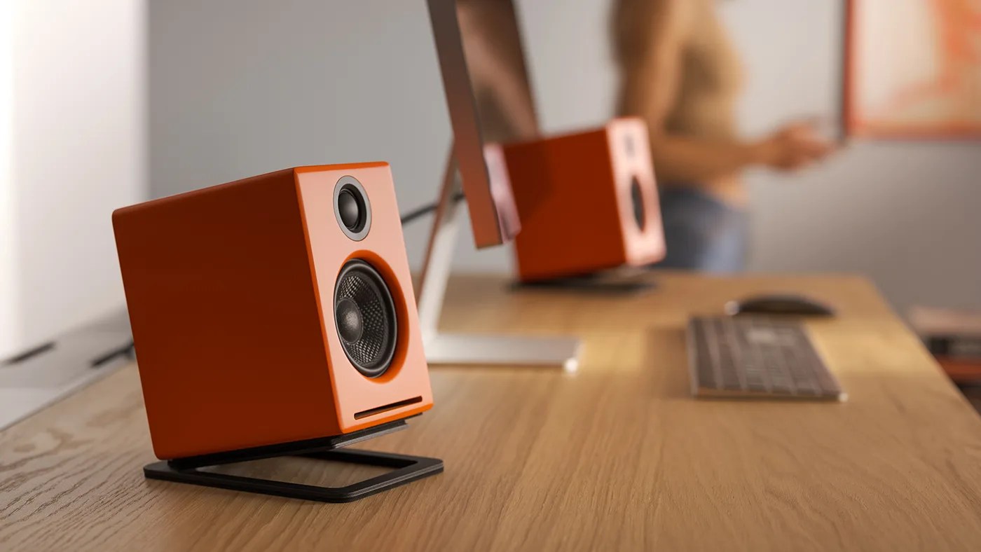 Audioengine A2+ powered speakers in matte orange